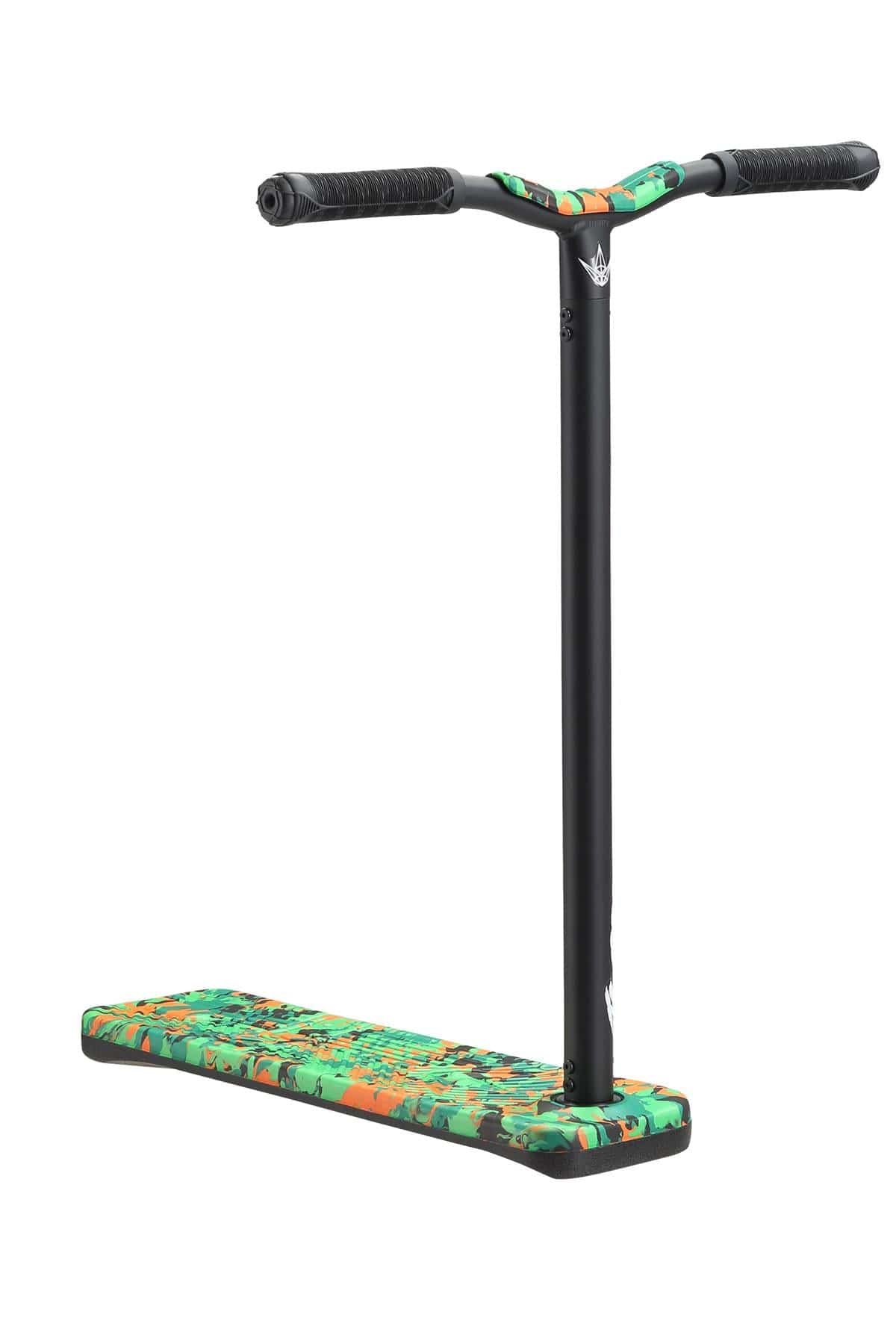 The Blunt Envy TS Pro 6 Indoor Trampoline Stunt Scooter by Blunt Envy stands out with its striking black handlebars and eye-catching orange camo deck. This stylish, customizable scooter is built with a robust frame, ideal for performing tricks and jumps.