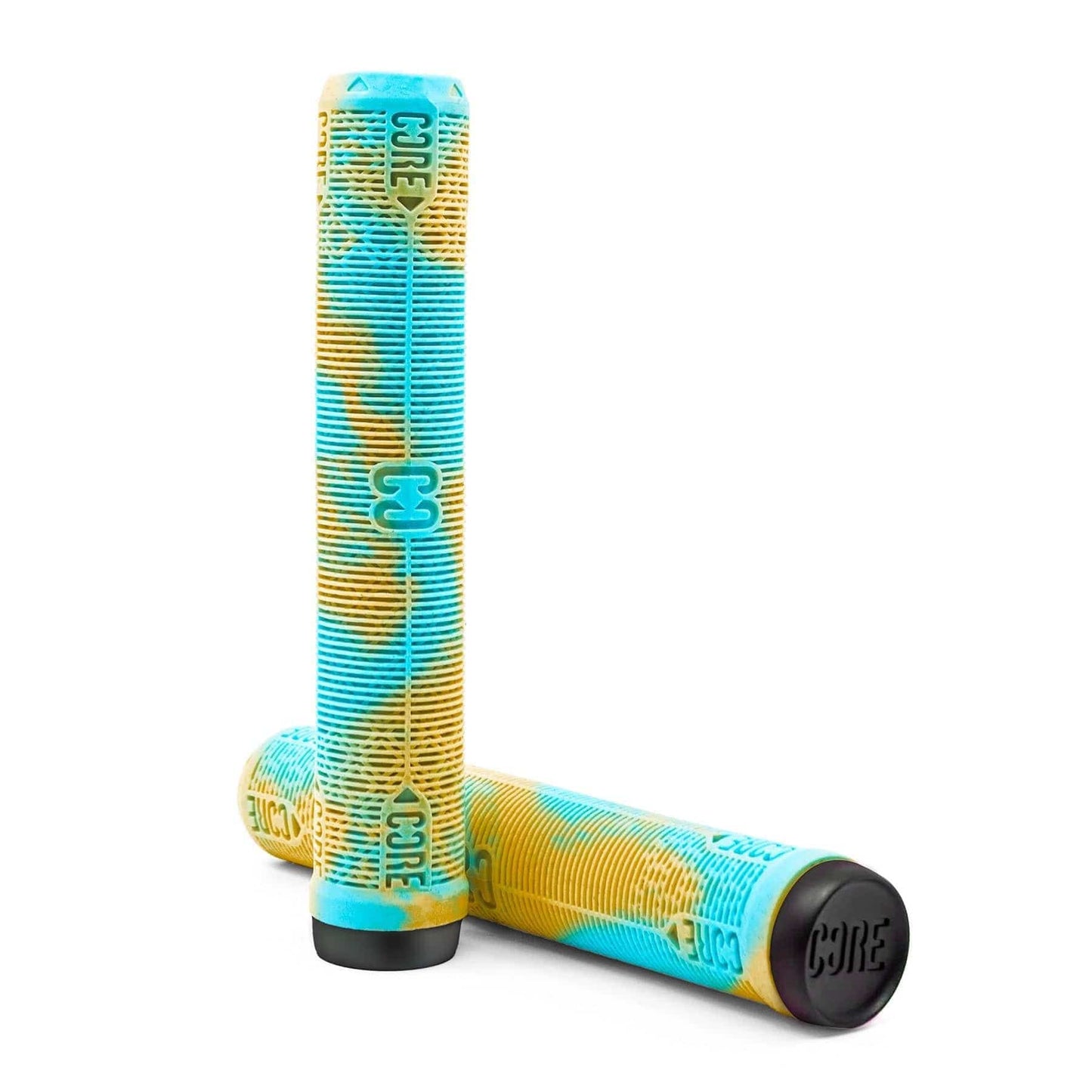 The CORE Skinny Boy Beach Stunt Scooter Grips feature two brightly colored handles with a textured surface that blend blue and yellow hues, providing shock resistance. Each handle is embossed with the word "CORE." Designed for action sports riding, these grips are positioned upright with an intersection at the base.