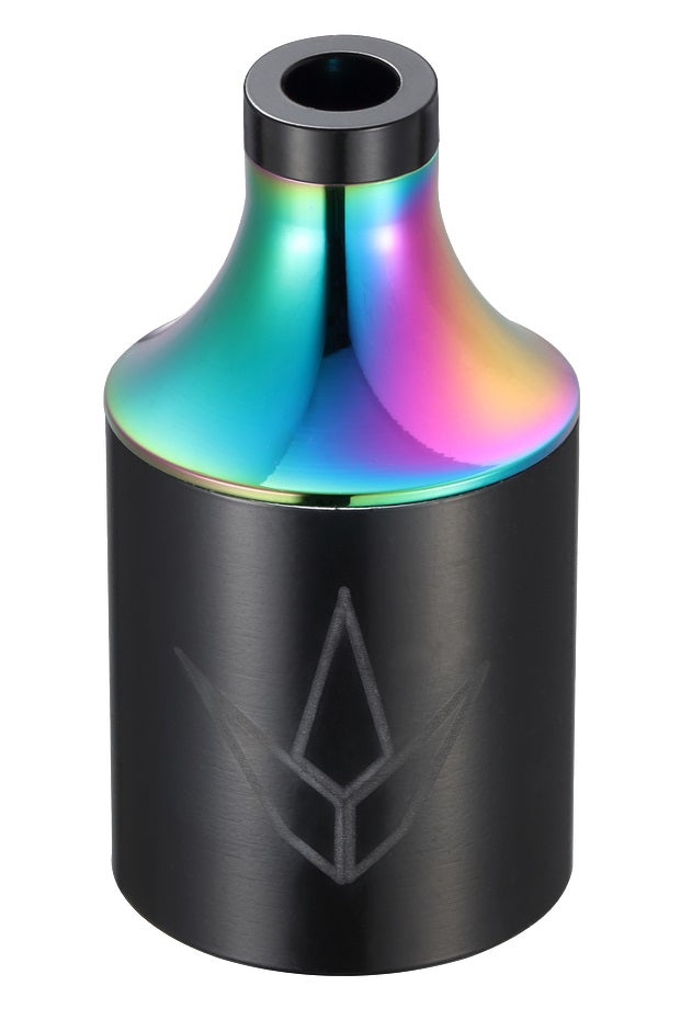 Presenting the Blunt Envy Street Stunt Scooter Peg in Oil Slick Neochrome, this metallic piece boasts a vibrant rainbow top and a sleek matte black base. Complete with an engraved geometric logo, it's expertly crafted with elegant chromoly steel sleeves.