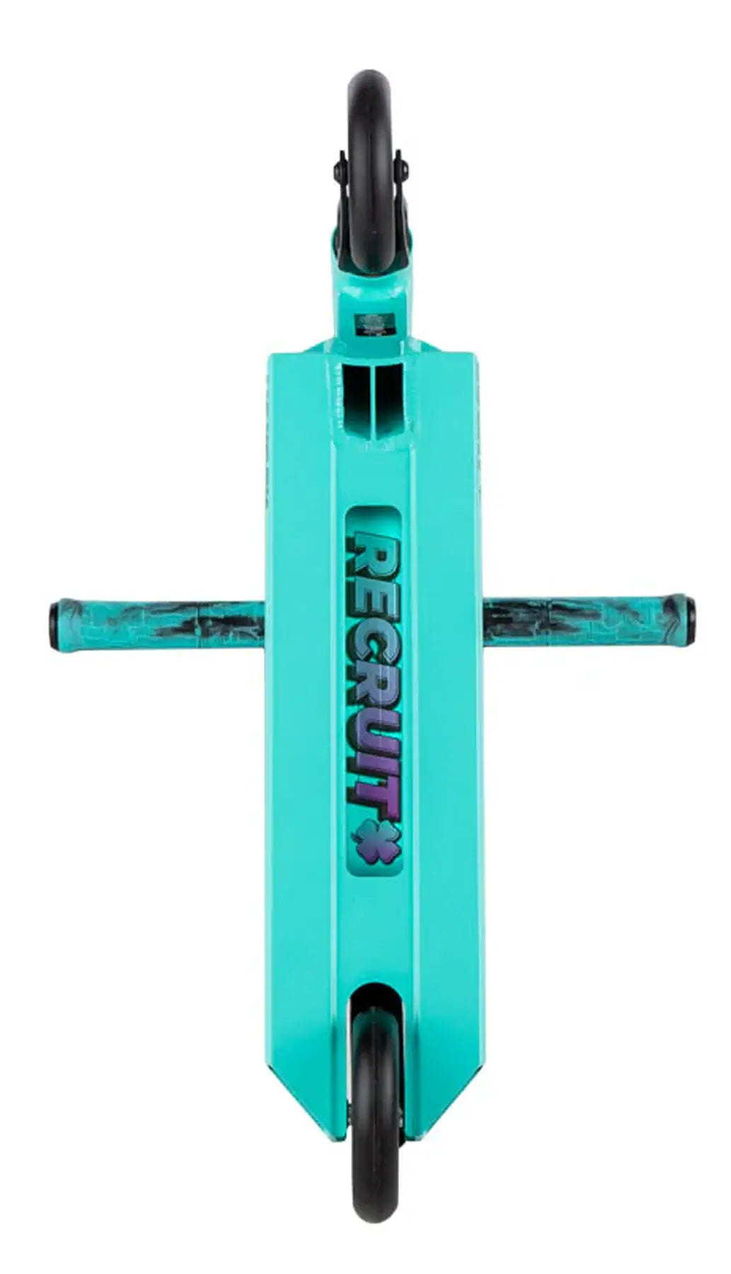 Top view of the Motion Teal Lucky Recruit 2025 Complete Stunt Scooter shows "RECRUIT" and a black hexagonal design on its deck. This sleek two-wheel scooter features colorful transparent hand grips extending horizontally, perfect for future pros.