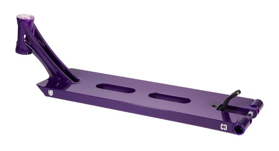 The CORE ST2 Jack 'Halfbarz' Ward Signature Purple Stunt Scooter Deck, measuring 6" x 21", features a curved neck design and cut-out details for hybrid riders. Crafted by CORE, it sports small logos on the front and back, offering optimal performance for stunt enthusiasts.