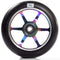 The Logic 6 Spoke 110mm Metal Core Wheel from Logic, in a black and neochrome finish, features a close-up shot of its rainbow-colored 6061-T6 aluminum core with six spokes. The core encases an ABEC 9 bearing and displays a small logo on the top of the wheel.