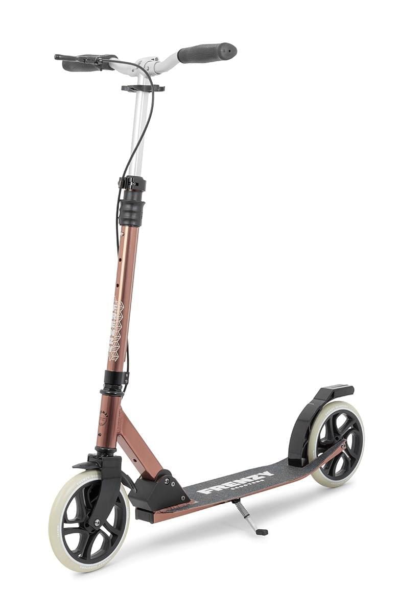 The Frenzy 205mm Dual Brake V4 Foldable Commuter Scooter in bronze features a cable folding system, black grip tape on the footboard, and large black wheels with white accents. It also has striking black handlebars and is displayed upright against a white background.