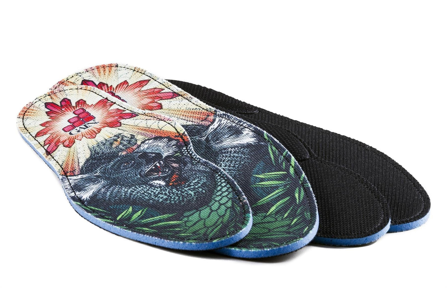 Introducing the GAIN Protection SoleBros Insoles - Dropbear, a pair of vibrant and shock-absorbing insoles. These insoles are designed with a striking pattern that features a roaring bear, foliage, and a red flower set against a black background. Ideal for BMX enthusiasts, they offer blue edges and rest on a solid black base to ensure supreme comfort.