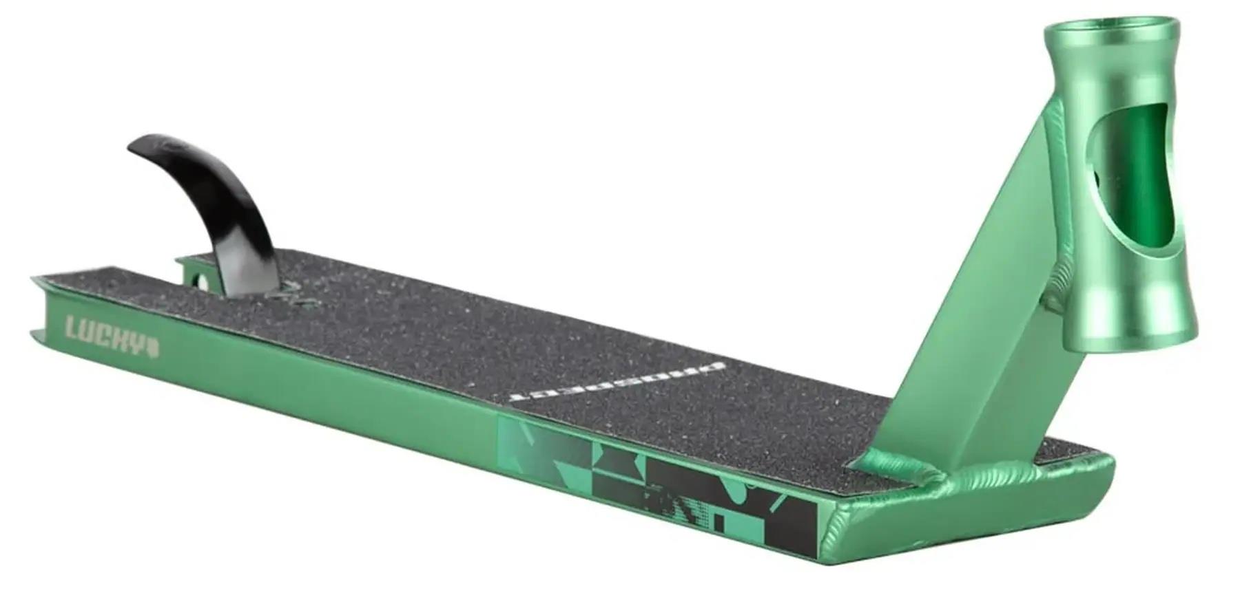 The Longway Prospect 2025 Mint Stunt Scooter Deck, ideal for advanced riders, is made from durable Aluminum 6000 Series. It features a sleek design with a green finish and black textured accents. A front cutout adds modern appeal, with the brand name elegantly displayed on the side.