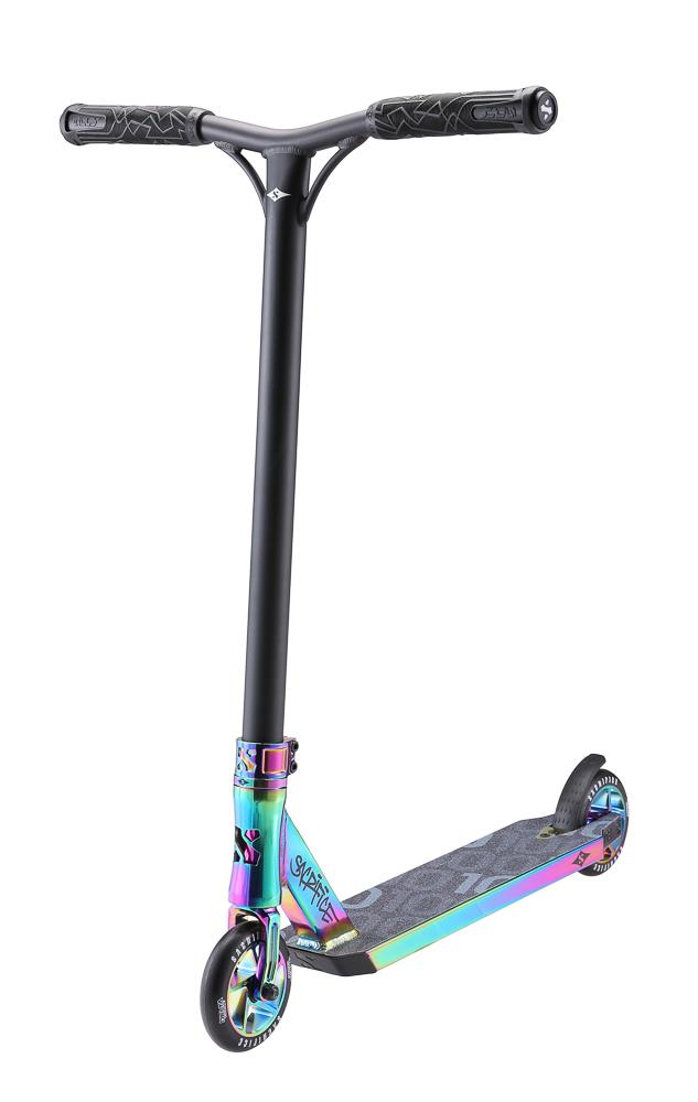 Introducing the Sacrifice Flyte 100 V2 Complete Stunt Scooter in Neochrome, a vibrant pro scooter from Sacrifice featuring a shiny, multicolored deck and black handlebar. Renowned for its lightweight design, it comes with small front and rear wheels adorned with graphic designs. The textured handle grips enhance grip for optimal performance.