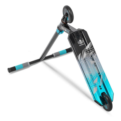 The Invert Supreme Journey 1+ Jamie Hull Stunt Scooter in Tri Electro Teal and Black boasts a sleek design with teal grip tape on the deck and teal grips on the handlebars. It features modern graphics, a 6061 aluminum frame, and hollowcore wheels, standing upright with one wheel raised to emphasize its sturdy construction.