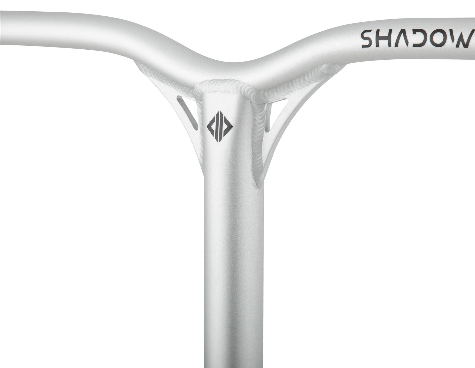 Close-up of a bicycle handlebar with a sleek, metallic finish akin to the Drone Shadow 2 Aluminium IHC Stunt Scooter Bars. The Y-bar design showcases a central beam, reinforced joints, and minimal branding at the top right and center.