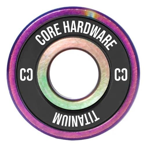 A close-up of a vibrant skateboard bearing labeled "CORE" and "CORE Titanium Neochrome Skateboard Bearings." The bearing, constructed from space-grade titanium, features a gleaming metallic finish with anti-corrosive properties, showcasing a colorful array with purple as the dominant hue.