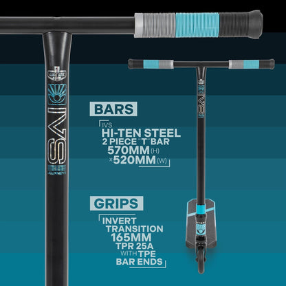 Image of the Invert Supreme Journey 1+ Jamie Hull Stunt Scooter in Tri Electro Teal and Black, showcasing its specifications. It features Hi-Ten steel bars in a two-piece "T" shape, measured at 570mm by 520mm, and is equipped with comfortable 165mm TPR grips and durable TPE bar ends. The scooter's striking black and teal design is enhanced by robust Hollowcore wheels made from premium 6061 Aluminum.