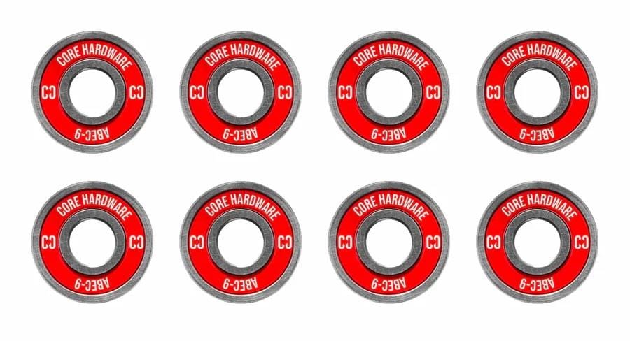 A set of eight premium skateboard bearings in bold red and black, neatly organized in two rows. Each bearing prominently features the "CORE" brand name along with "ABEC 9," guaranteeing exceptional performance for your skateboard.