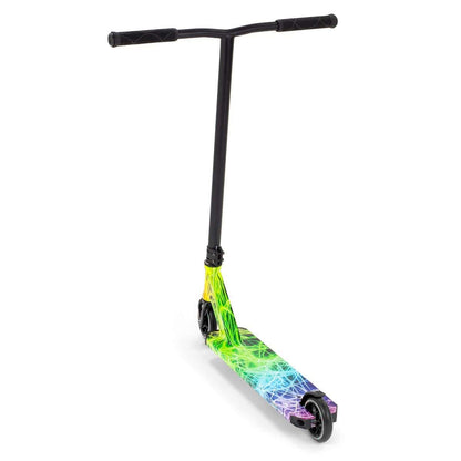 Introducing the Slamm Strobe Complete Stunt Scooter - Multi from Slamm, this vibrant freestyle scooter showcases a black handlebar and precision-engineered aluminum wheels. Its deck is adorned with a striking abstract design in shades of green, blue, yellow, and purple.