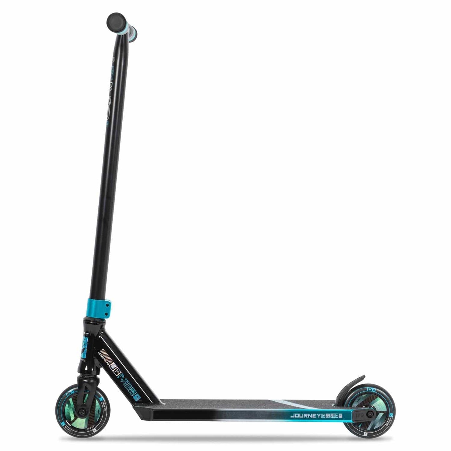 The Invert Supreme Journey 1+ Jamie Hull Stunt Scooter in Tri Electro Teal and Black is a stylish scooter made from 6061 aluminum, featuring a robust frame. It includes hollowcore wheels and a textured foot deck, ideal for performing tricks and stunts. The handlebar is straight with grips on each end.