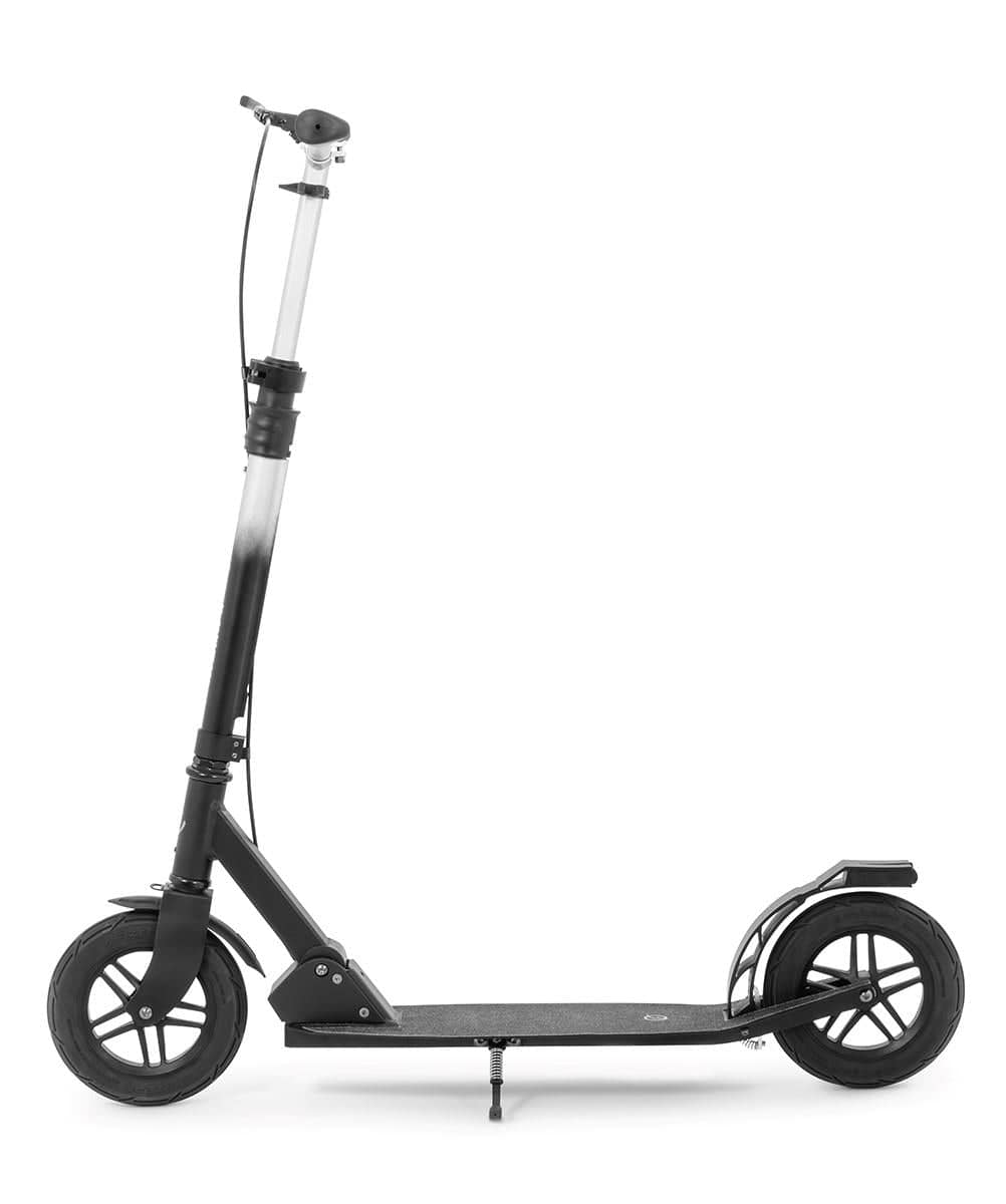 Introducing the Frenzy 205mm Air Zero Foldable Commuter Scooter, a stylish and contemporary black and silver model featuring large wheels and a robust frame. It comes with an anodized finish, telescopic handlebar, tubeless rubber tires, a rear fender brake, and stands upright on its kickstand.