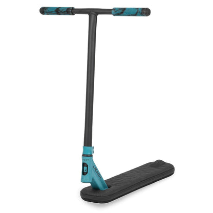 The Invert Supreme Launch Tramp Trainer Launch Trampoline Scooter (L) in blue and black is a T-bar stunt scooter designed for practicing tricks indoors. It features a rectangular, padded deck and marbled pattern handle grips, making it perfect for honing skills without wheels and acting as a trampoline trainer.