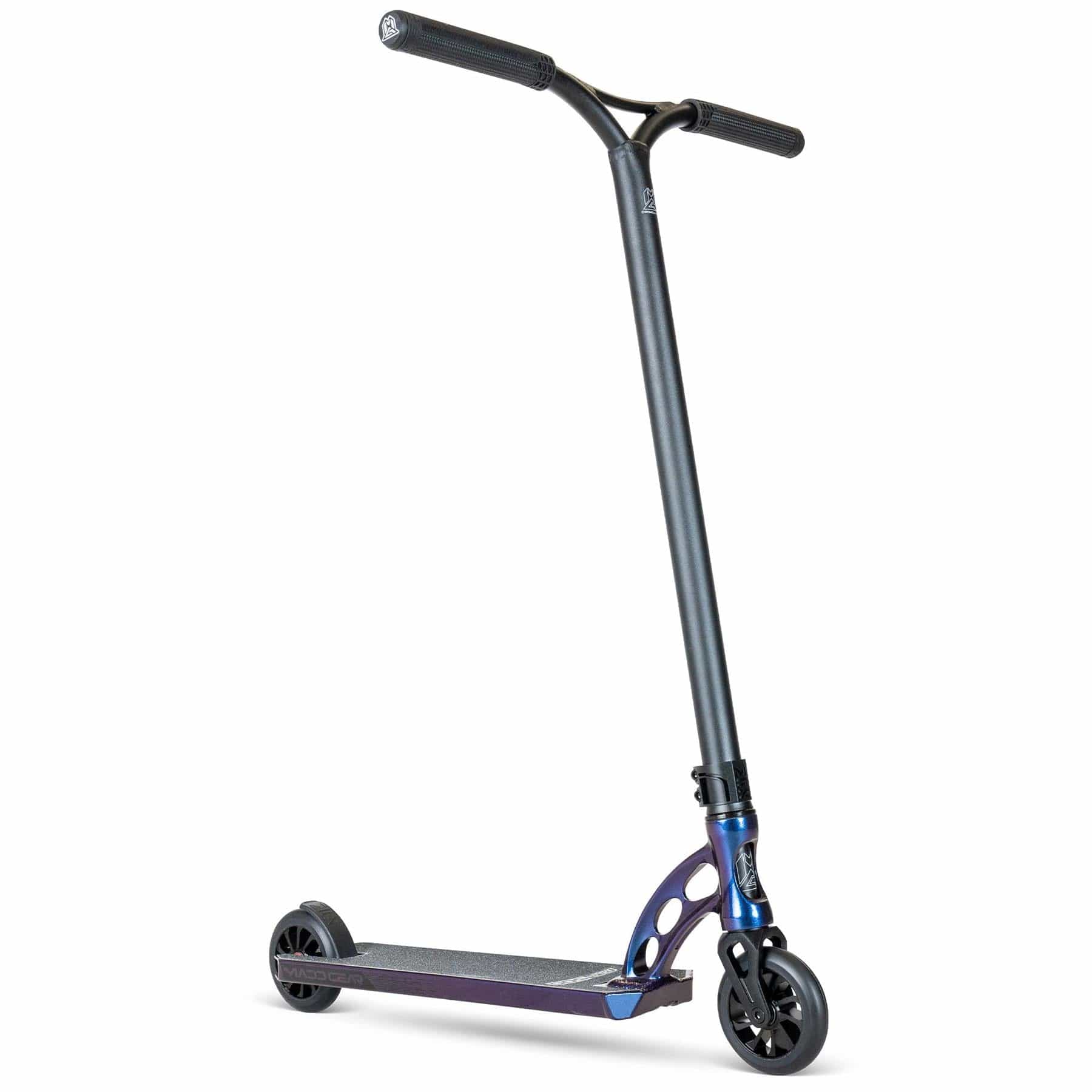 The MGP VX Origin III 500 Complete Stunt Scooter by Madd Gear features a sleek, modern design with purple flip aluminum handlebars and deck, two small wheels, and grip tape for stability, ideal for tricks and smooth rides.