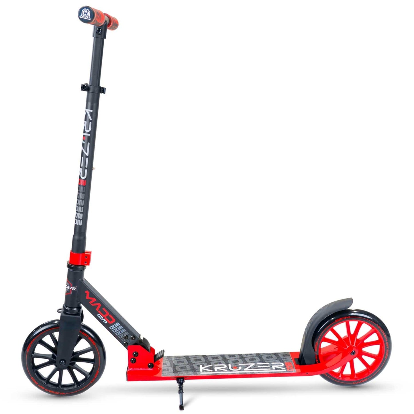 A black and red Madd Gear MGP Carve Kruzer V2-200 commuter foldable scooter, featuring a sturdy deck, large rear wheel with fender, and adjustable handlebars.