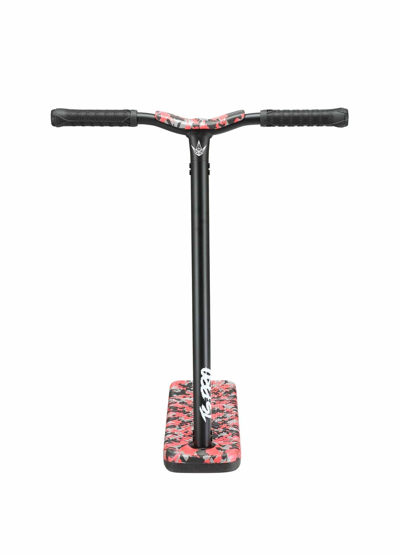 The Blunt Envy TS Pro 6 Indoor Trampoline Stunt Scooter - Red Camo boasts a T-shaped customizable scooter bar design and features a striking red camo deck that stands out as it leans upright against a white background.