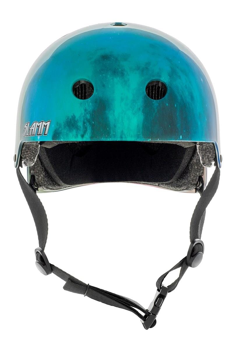 The Slamm Logo Skate/Scooter Helmet - Nebula, ideal for scooter enthusiasts, is highlighted in a striking teal and black color scheme. Designed with ventilation holes, it comes equipped with a chin strap featuring adjustable buckles and prominently displays the "SLAM7" logo. This helmet meets EN1078 safety standards, offering both style and protection on every ride.