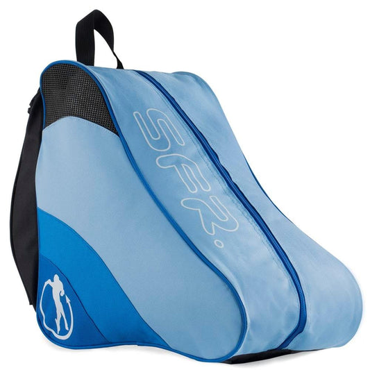 The SFR Ice & Skate Bag II - Blue is a water-resistant skate bag in blue and black, featuring the "SFR" brand prominently on its side. It includes a white skater image near the bottom corner for added flair, and a convenient top handle for easy carrying.