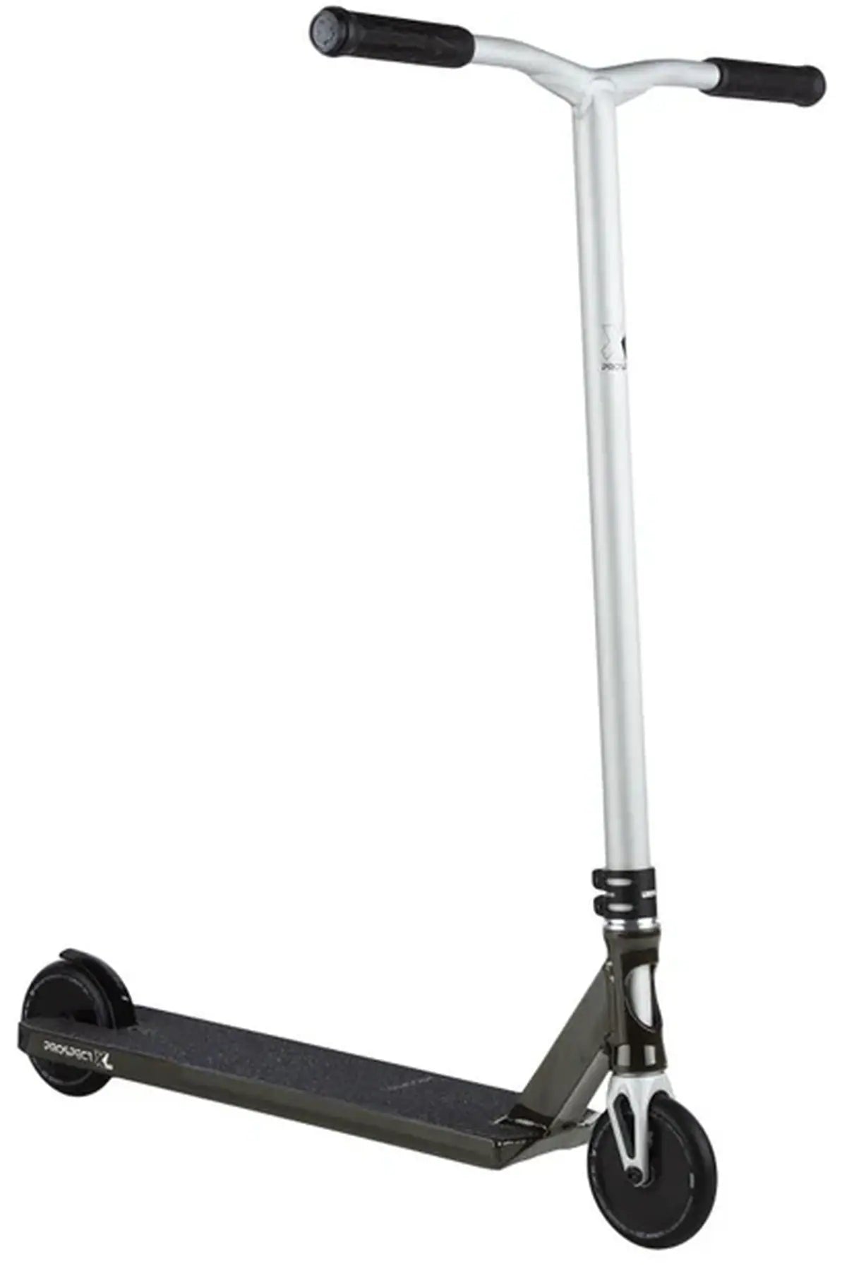 The Lucky Prospect XL 2025 Complete Stunt Scooter - Shift, boasting a sleek white and black design with a T-shaped handlebar and two wheels, stands poised against a white background, ready to impress with its robust construction for stunts and stylish appeal.