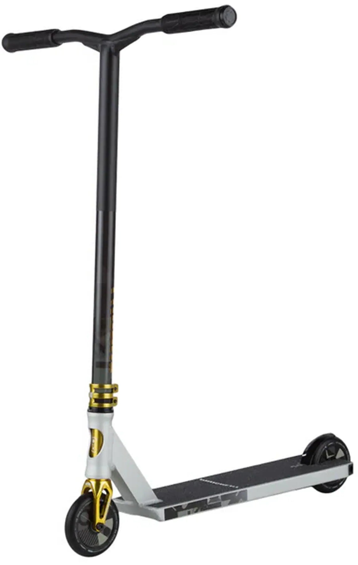 The Lucky Prospect 2025 Complete Stunt Scooter - Talus by Lucky is a lightweight, minimalistic scooter with black and silver design, gold accent near the front wheel, T-shaped handlebar, flat deck, and 110mm Lunar Hollow Core Wheels, making it perfect for tricks.