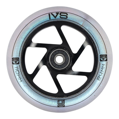 A close-up image of a stunt scooter wheel showcasing a shiny, metallic finish. The wheel has five black spokes and is inscribed with "IVS," "110MM," "24MM," and "Precision Bearing." Part of the Invert Supreme Journey 3 series, specifically the Jamie Hull Stunt Scooter in White Pearl, its tire exhibits a reflective, iridescent appearance.