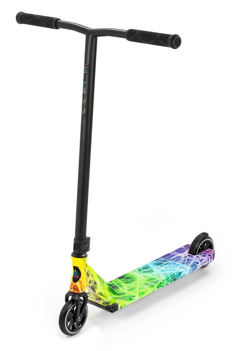 Introducing the Slamm Strobe Complete Stunt Scooter - Multi by Slamm, featuring a black handlebar and grips alongside a deck that exhibits a vibrant multicolor geometric pattern. The scooter is equipped with precision-engineered aluminum wheels, offering a sleek, modern appearance that's ideal for executing thrilling tricks and stunts.