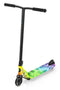 Introducing the Slamm Strobe Complete Stunt Scooter - Multi by Slamm, featuring a black handlebar and grips alongside a deck that exhibits a vibrant multicolor geometric pattern. The scooter is equipped with precision-engineered aluminum wheels, offering a sleek, modern appearance that's ideal for executing thrilling tricks and stunts.