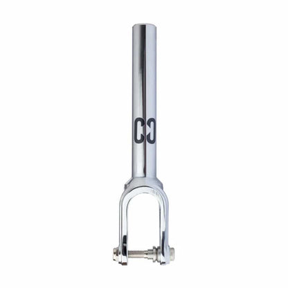 A chrome scooter fork with a sleek design is displayed vertically against a white backdrop. Made from high-grade aluminum, it features the CORE logo and includes bolts at the base for attachment. Ideal for those looking to enhance their scooter with a premium component, the CORE SL2 IHC Stunt Scooter Forks redefine durability standards.