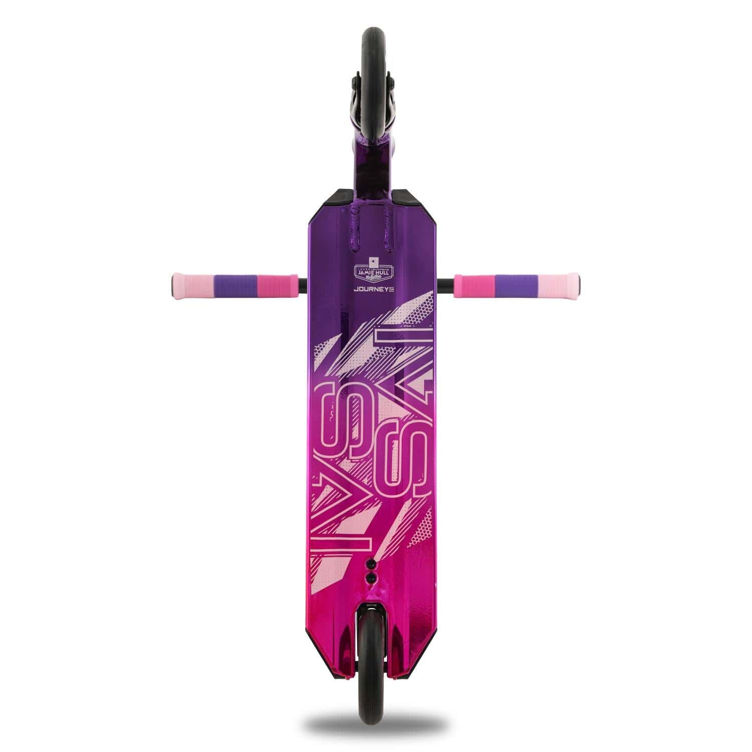 The Invert Supreme Journey 1+ Jamie Hull Stunt Scooter in Tri Electro Pink and Purple is a striking choice for young riders. Viewed from below, it features a deck with a purple and pink gradient complemented by geometric patterns and the bold inscription "JASU." Ideal for the skatepark, this scooter comes with purple handles and pink grips.