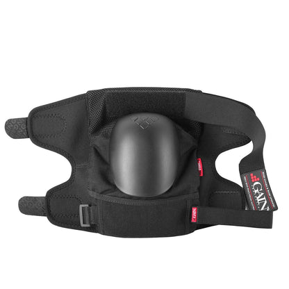 The GAIN Protection The Shield Pro Knee Skate Pads in black boast a hard shell and adjustable straps, making them ideal for freestyle scootering enthusiasts. Their design incorporates mesh, extra padding for comfort, and a Kevlar strip to enhance durability.