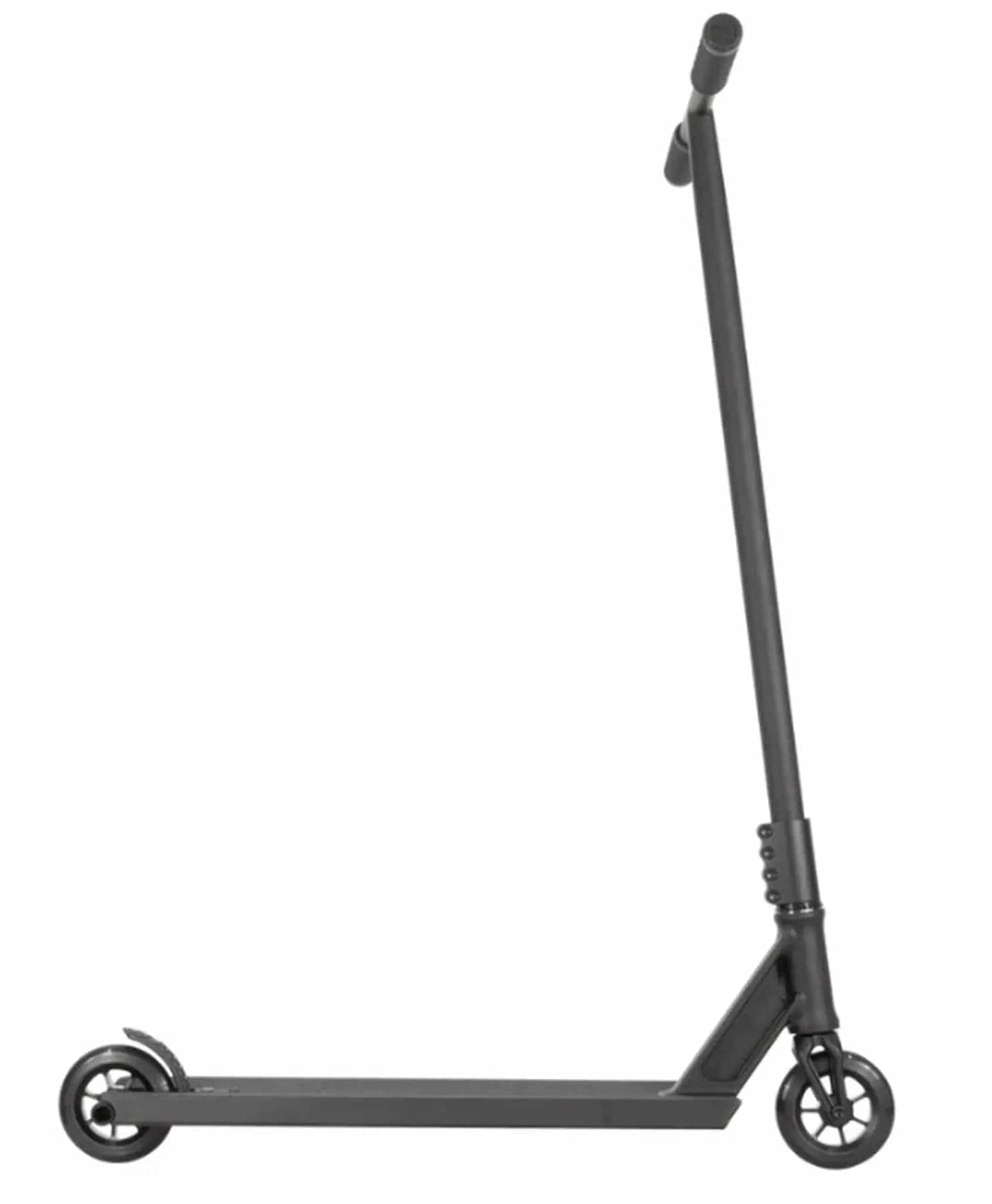 The Native Canopy Pro Complete Stunt Scooter in black offers a minimalist design, ideal for street scootering. It comes equipped with two small wheels, a long handlebar, and a sturdy deck to ensure optimal performance.