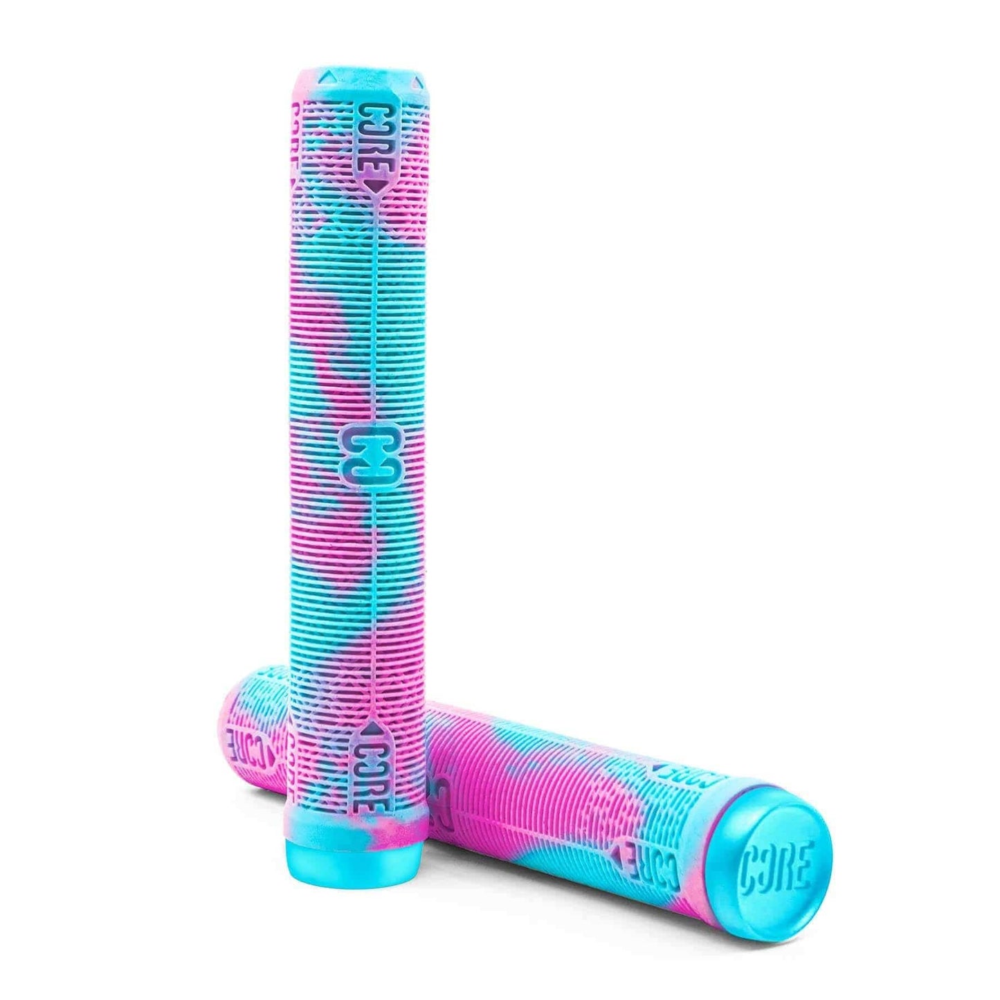 The CORE Skinny Boy Refresher Stunt Scooter Grips - 170mm showcase a vibrant blend of pink and blue hues with a textured pattern. Designed for scooter use, these shock-resistant handlebar grips proudly feature the "CORE" branding and are displayed against a plain white background.