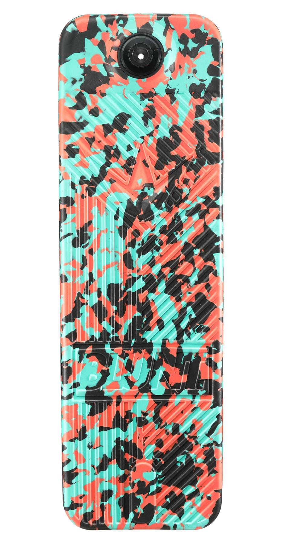 Colorful abstract smartphone case with a camera cutout, showcasing a dynamic pattern of blue, red, black, and white speckles. This design mirrors the vibrant style of the Blunt Envy TS Pro 7.5 Indoor Trampoline Stunt Scooter in Teal Camo, creating a sleek camouflage effect that effortlessly makes your phone stand out.