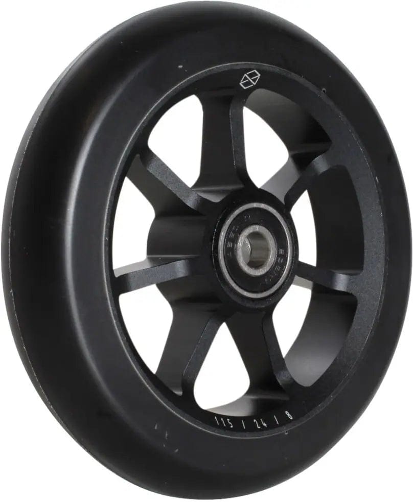 The Native Stem 110mm Stunt Scooter Wheel in black, crafted by Native, boasts a high-quality construction with a metal core hub featuring six spokes and a central bearing. The wheel is wrapped in premium urethane, offering a sleek and minimalistic design.