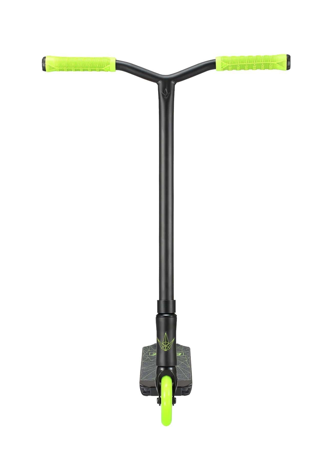 The Blunt Envy ONE S3 Complete Stunt Scooter in Lime is displayed from the front, showcasing its vibrant lime green handlebars and matching front wheel. Its aluminum deck features a subtle pattern, enhancing its stylish and sleek design. Equipped with durable pro scooter parts, the scooter offers reliability with handlebars and wheels that stand out in color.