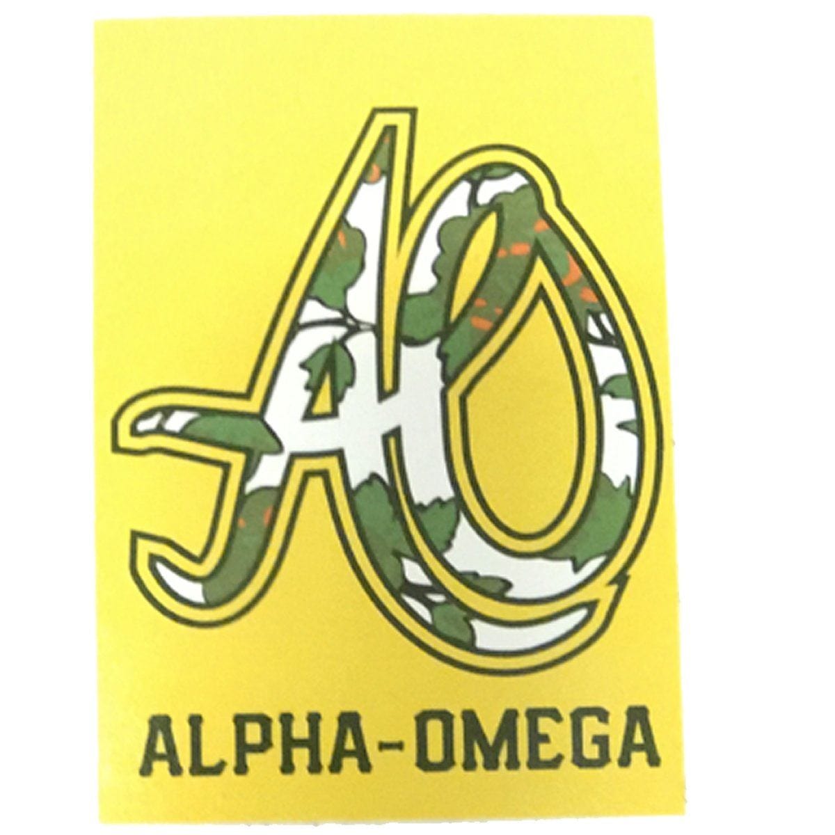 Introducing the AO Logo Sticker Yellow, a medium-sized sticker highlighting "AO" letters in a camouflage pattern on a yellow background with "ALPHA-OMEGA" in black underneath. This bold accessory is perfect for any AO enthusiast looking to enhance their gear.