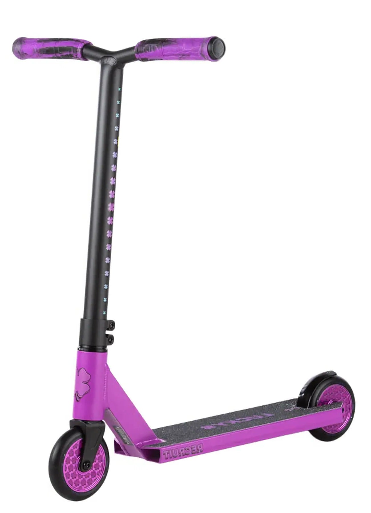 The Lucky Recruit 2025 Complete Stunt Scooter in Motion Purple features a sturdy frame, purple handlebars and wheels, and a textured grip deck. With its sleek, modern design, it's perfect for young riders to cruise in style.