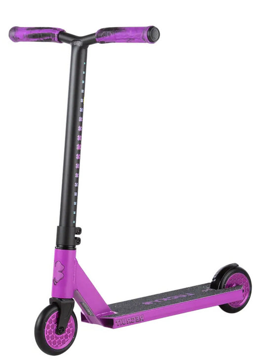 The Lucky Recruit 2025 Complete Stunt Scooter in Motion Purple features a sturdy frame, purple handlebars and wheels, and a textured grip deck. With its sleek, modern design, it's perfect for young riders to cruise in style.