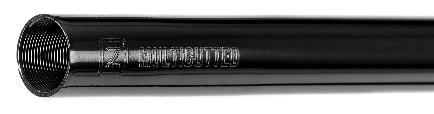 A close-up of the lightweight Ethic DTC Tenacity V2 Steel HIC Stunt Scooter T-Bars in Black Mirror, sized 670mm x 600mm, shows a black cylindrical metal tube with threaded ends and "MULTIBUTTED" engraved beside a stylized logo. Made from high-quality steel for durability.