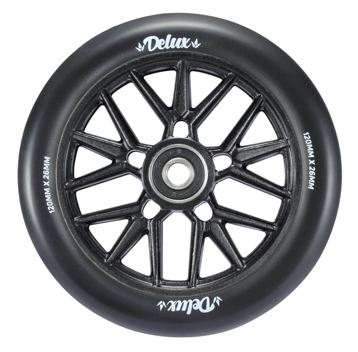 The Blunt Envy Delux 120mm Stunt Scooter Wheel in black is designed for stunt scooter enthusiasts, featuring a spoked design and the iconic Delux logo. Its 120mm x 26mm size enhances precision, making it an excellent choice for those who value performance as Blunt Envy fans do.