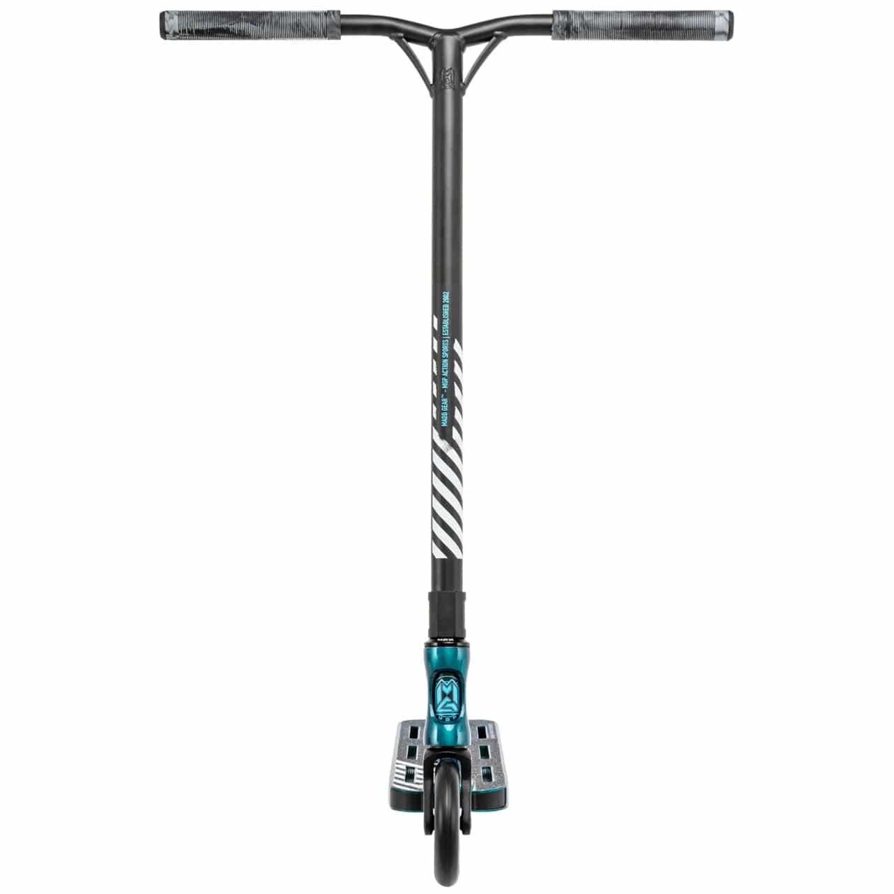 A lightweight chrome deep blue stunt scooter from Madd Gear (MGP), featuring teal accents and a Y-shaped handlebar with gray grips. It has a striped deck design with a visible front wheel, and the MGP VX Origin Team Edition model showcases a sleek and modern appearance.