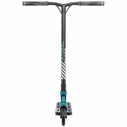 A lightweight chrome deep blue stunt scooter from Madd Gear (MGP), featuring teal accents and a Y-shaped handlebar with gray grips. It has a striped deck design with a visible front wheel, and the MGP VX Origin Team Edition model showcases a sleek and modern appearance.