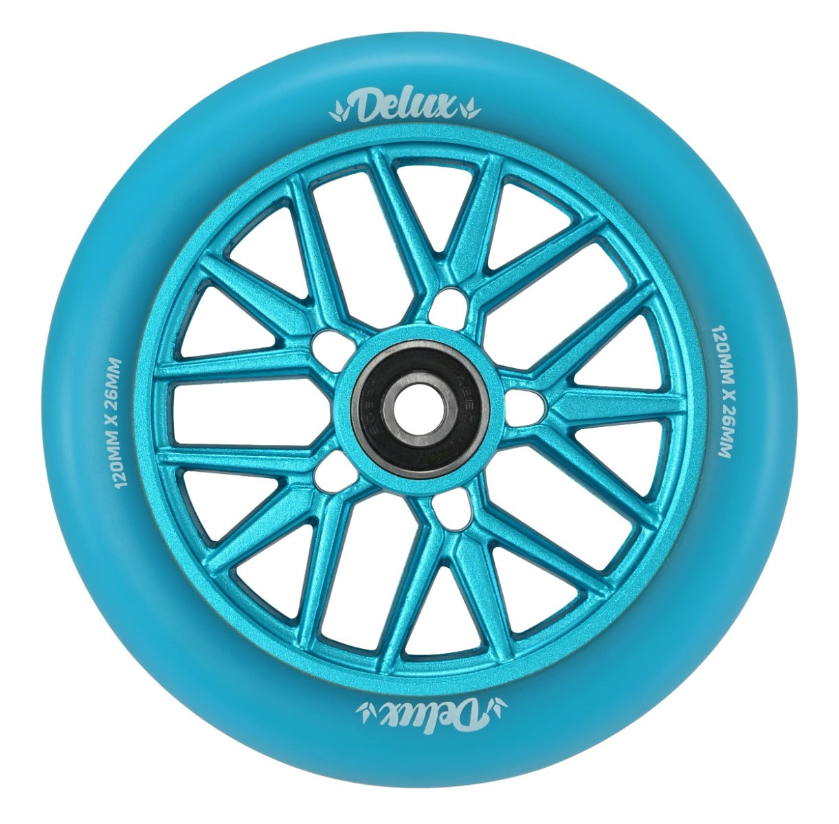 The Blunt Envy Delux 120mm Stunt Scooter Wheel - Blue showcases a vibrant blue color with a metallic core made from anodized aluminum and a radial spoke design. Both the outer rim and core are embossed with "Delux." Crafted from durable polyurethane, this premium wheel has dimensions of 120mm x 26mm marked on it.