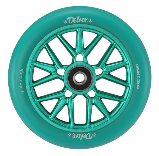 A teal 120mm scooter wheel from Blunt Envy, crafted with a metal core design and perfect for stunt scooters at the skatepark. It features a smooth rim and a hub with a radial spoke pattern, with "Blunt Envy Delux" printed on the tire.