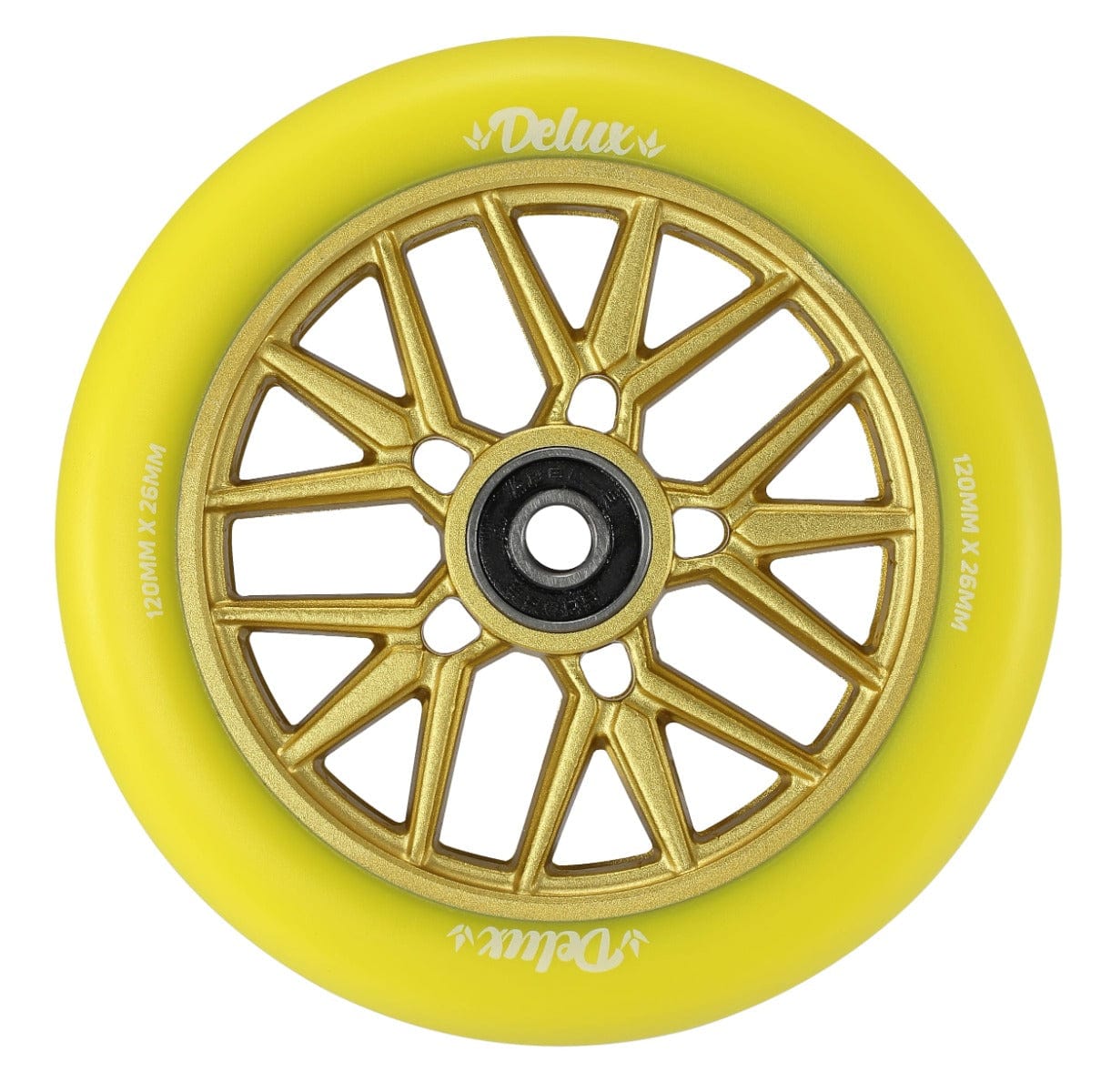 The Blunt Envy Delux 120mm Stunt Scooter Wheel in yellow is ready for the skatepark with its gold, intricately designed spoke hub. The brand's name, Blunt Envy, is prominently displayed on the wheel, ideal for riders who value precision and style in their stunt scooter wheels.