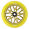 The Blunt Envy Delux 120mm Stunt Scooter Wheel in yellow is ready for the skatepark with its gold, intricately designed spoke hub. The brand's name, Blunt Envy, is prominently displayed on the wheel, ideal for riders who value precision and style in their stunt scooter wheels.