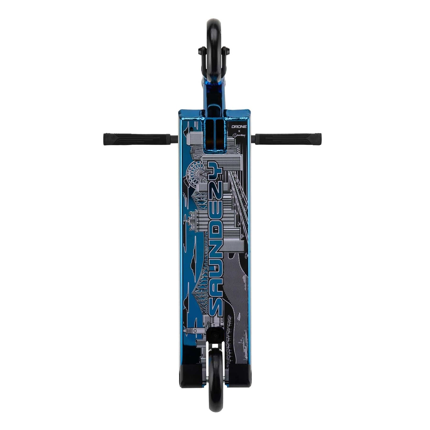 Top view of the blue chrome Drone Element 'Saundezy' Signature Complete Stunt Scooter featuring geometric patterns, dual core wheels, and horizontally extending handlebars on its signature deck.