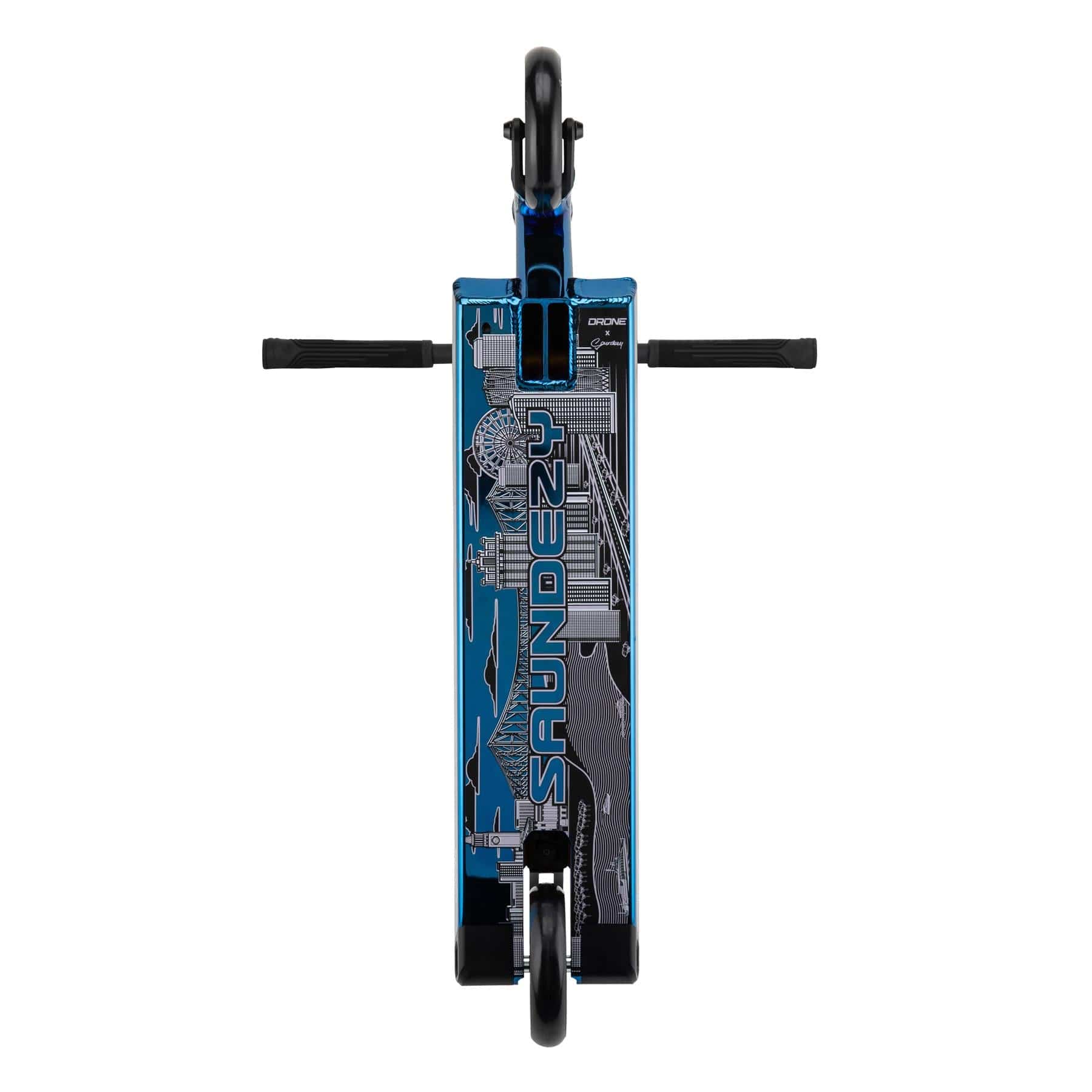 Top view of the blue chrome Drone Element 'Saundezy' Signature Complete Stunt Scooter featuring geometric patterns, dual core wheels, and horizontally extending handlebars on its signature deck.